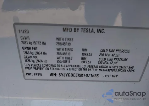 2021 Tesla Model Y Long Range Dual Motor All-Wheel Drive z USA, uszkodzony, nr VIN 5YJYGDEEXMF071658